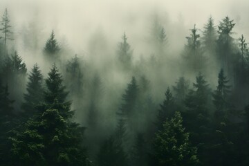 view of a green alpine trees forest with mountains at back covered with fog and mist in winter