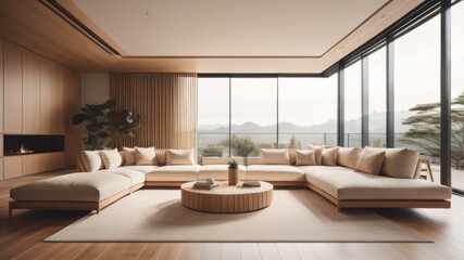 Naklejka na ściany i meble Corner sofa against window near stucco wall with copy space. Minimalist home interior design of modern living room