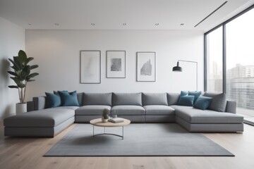 Fototapeta na wymiar Corner sofa against window near stucco wall with copy space. Minimalist home interior design of modern living room