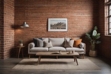 Comfortable sofa against grunge brick wall with copy space. Loft style interior design of modern living room