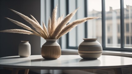 Ceramic ripple vase with pampas grass on table against window. Home decor background with copy space