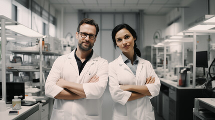 Fototapeta premium A couple of scientists with their arms crossed looking at the camera