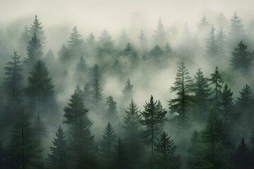 view of a green alpine trees forest with mountains at back covered with fog and mist in winter