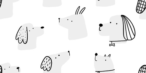 Simple scandinavian pattern with dogs. Seamless pattern with black and white puppy. Childish illustration on transparent background