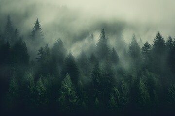 view of a green alpine trees forest with mountains at back covered with fog and mist in winter - obrazy, fototapety, plakaty