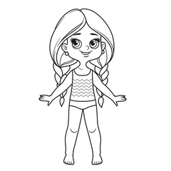 Cute cartoon girl with long hair braided dressed in underwear and barefoot outline for coloring on a white background