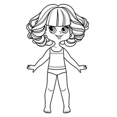 Cute cartoon girl with short lush curly hair dressed in underwear and barefoot outline for coloring on a white background