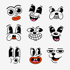 Retro cartoon characters funny faces. Groovy vintage 30s 60s 70s smiley mascots with various emotions