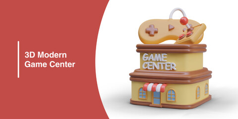 Poster with realistic model of modern game center, white and red background. Play computer game. Model of building. Vector illustration with place for text