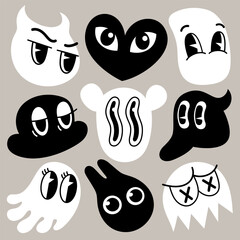 Retro cartoon simple shape funny faces. Groovy vintage 30s 60s 70s minimalistic faces with various emotions on abstract shapes
