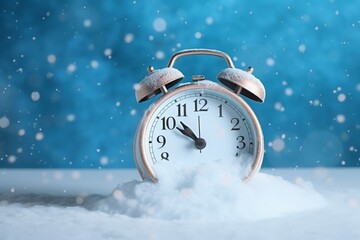 Retro alarm clock in the snow on a blue background.