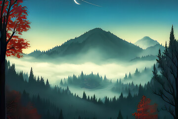 Incredibly village in forest mountains, Coniferous trees in the fog, beautifull lighting