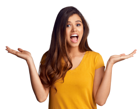 Portrait, happy woman and smile with presentation for option, offer or decision with suggestion for choice. Female model, excited emoji or facial expression on isolated or transparent png background