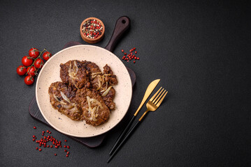 Delicious fried chicken or beef liver with salt, spices and herbs