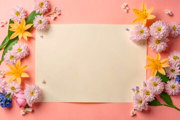 Fototapeta na wymiar Flowers composition. Frame made of flowers on pastel pink background. Flat lay, top view, copy space.IA generativa