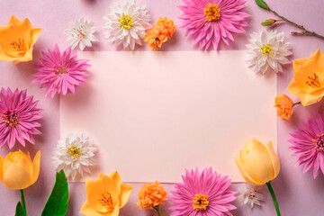 Flowers composition. Frame made of various flowers on pink background. Flat lay, top view, copy space.IA generativa