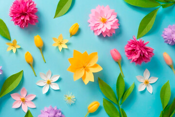 Obraz premium Colorful flowers on blue background. Flat lay, top view.IA generativa