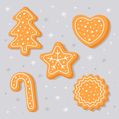 Obraz na płótnie Canvas New Year's gingerbread. Striped candy, star, round cookies, christmas tree, heart. Homemade Christmas cookies with white sweet sugar glaze. Cute cartoon illustrations for Christmas cards.