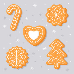 Obraz na płótnie Canvas New Year's gingerbread. Striped candy, round cookies, christmas tree, heart. Homemade Christmas cookies with white sweet sugar glaze. Cute cartoon illustrations for Christmas cards, banners, posters.