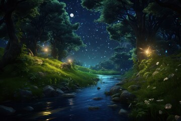 Fototapeta na wymiar Serene forest stream under the night sky, fireflies dancing, magical light surrounding. Concept: Magical nights and natural fantasy environments.