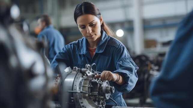 Female mechanical engineer working in machinery in industry. Workers wearing safety glasses. Working. Industrial concept.