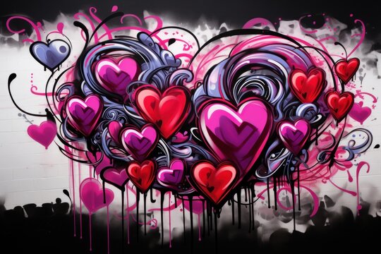 Vibrant urban graffiti art depicting intertwined hearts in shades of red and pink with whimsical drips and swirls against a monochrome background.