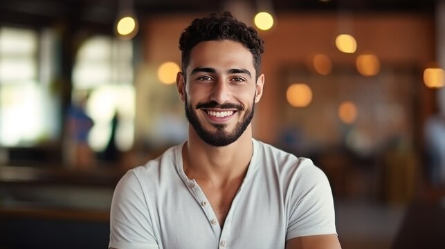 A handsome, bearded young Arab man wearing a plaid turban stood with his arms crossed and smiling.