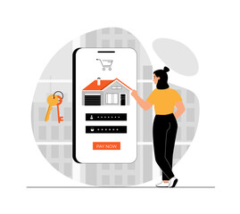 Real estate online. Woman with mobile phone buying house on internet, pay rent, online transfer and transaction, electronic commerce. Illustration with people scene in flat design for website 