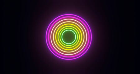 glowing circle with neon green and purple colors against dark blue background, 3d render illustration 