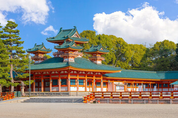 Kyoto, Japan - April 2 2023: Heian Shrine built on the occasion of 1100th anniversary of the capital's foundation in Kyoto, dedicated to the spirits of the first and last emperors who reigned the city - obrazy, fototapety, plakaty