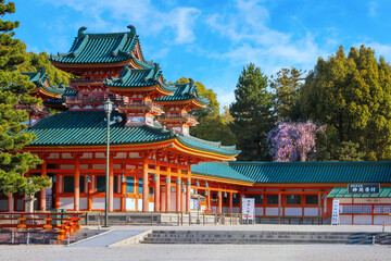 Kyoto, Japan - April 2 2023: Heian Shrine built on the occasion of 1100th anniversary of the capital's foundation in Kyoto, dedicated to the spirits of the first and last emperors who reigned the city