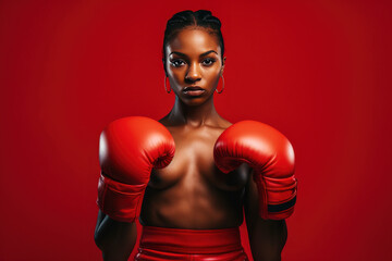 Beautiful afro american woman in red boxing gloves on a red background