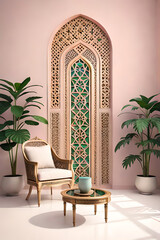 Arabic, Islamic style interior. Rattan chair, table and arabic pattern in window with shadow. pastel color wall