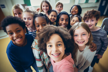 Fototapeta premium Cheerful Classroom: Kids Unite for a Co-Ed School Selfie