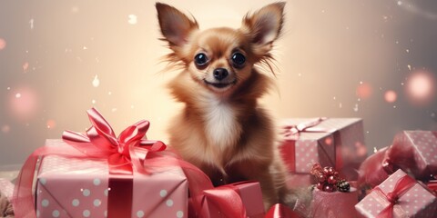 Dog with Santa Claus hat isolated background with copy space