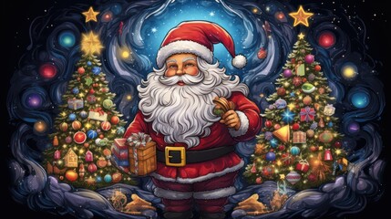 Obraz premium A cheerful Santa Claus with a white beard is holding a gift for a good boy or girl, flanked by two decorated Christmas trees.