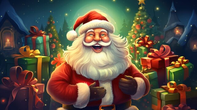 Cheerful Santa Claus with a white beard and a sincere smile, against the background of Christmas gifts and decorated fir trees.