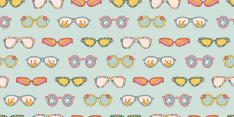 Sunglasses seamless pattern in retro groovy hippie style. Vector illustration 60s 70s