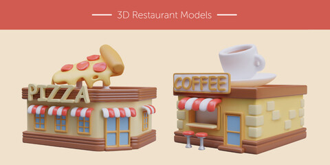 3D models of restaurants. Colorful building of pizzeria and coffee shop in cartoon style. Advertising illustrations for local businesses. Vector images for site, application, game