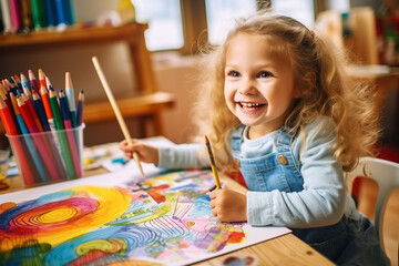 Joyful Creation: Little Artist Learns with Color Pencils in Art Workshop