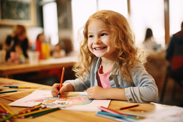 Joyful Creation: Little Artist Learns with Color Pencils in Art Workshop