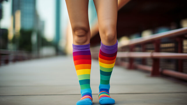 Girl wearing socks with rainbow flag on her leg