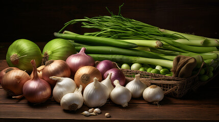 A bunch of onions and some green beans