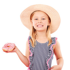 Happiness, portrait and kid girl with donut product, hat and swimsuit bikini on holiday, vacation...