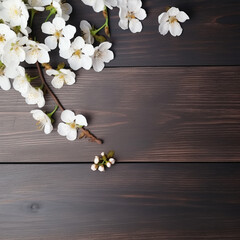 Flowering branch with white delicate flowers on wooden surface. Declaration of love, spring. Wedding card, Valentine's Day greeting. Wedding background, ai technology