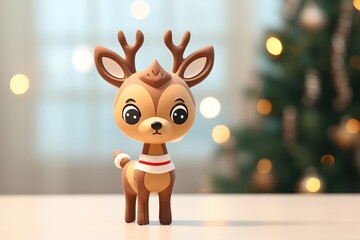 Festive Christmas toy deer, indoor holiday decor, soft bokeh lights, joyful seasonal ambiance, wintertime celebration.