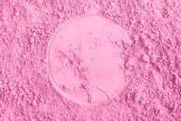 Pink blusher texture macro. Make-up swatch. Beauty background. Selective focus, copy space.