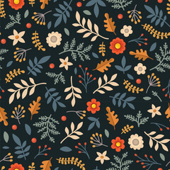 Floral Pattern with Flowers and Leaves on Dark Background. Vector