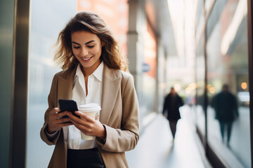 Fototapeta premium City Momentum: Smiling Businesswoman Reads Text En Route to Work
