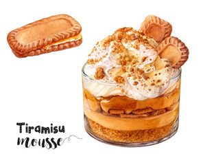 Watercolor illustration of tiramisu mousse dessert close up. Design template for packaging, menu, postcards. PNG